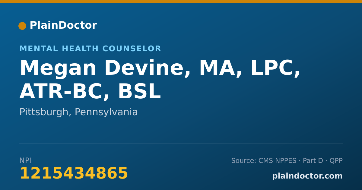 Shareable card for Megan Devine, MA, LPC, ATR-BC, BSL - Mental Health Counselor, Pittsburgh, PA