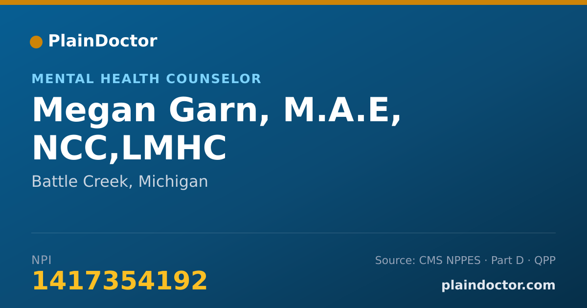 Shareable card for Megan Garn, M.A.E, NCC,LMHC - Mental Health Counselor, Battle Creek, MI