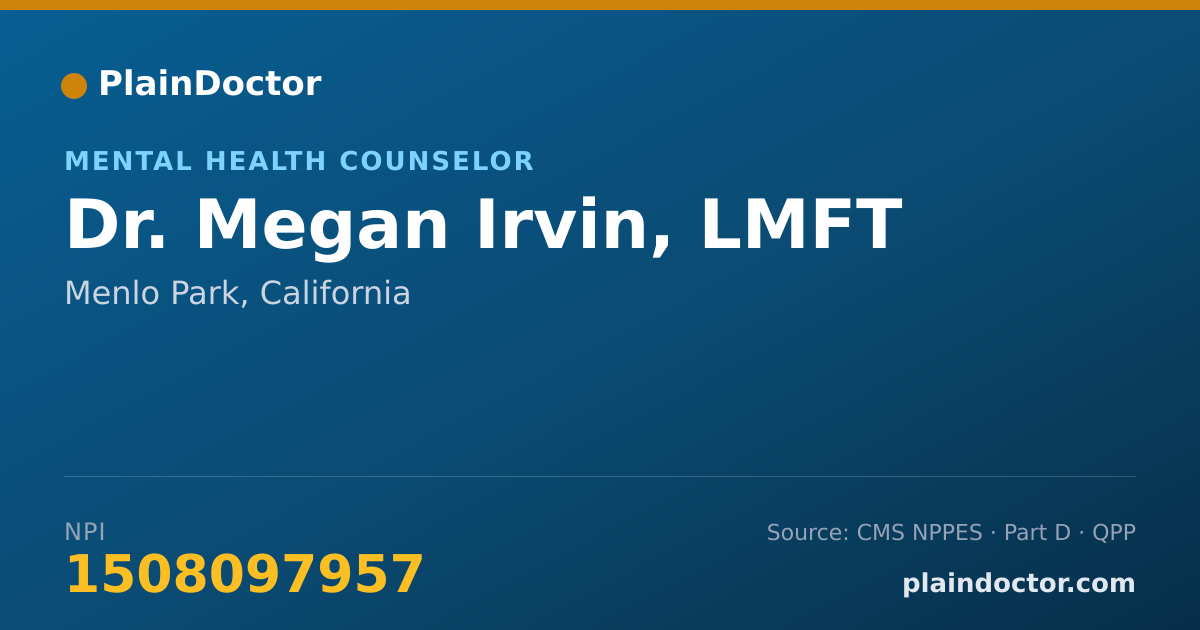 Shareable card for Megan Irvin, LMFT - Mental Health Counselor, Menlo Park, CA