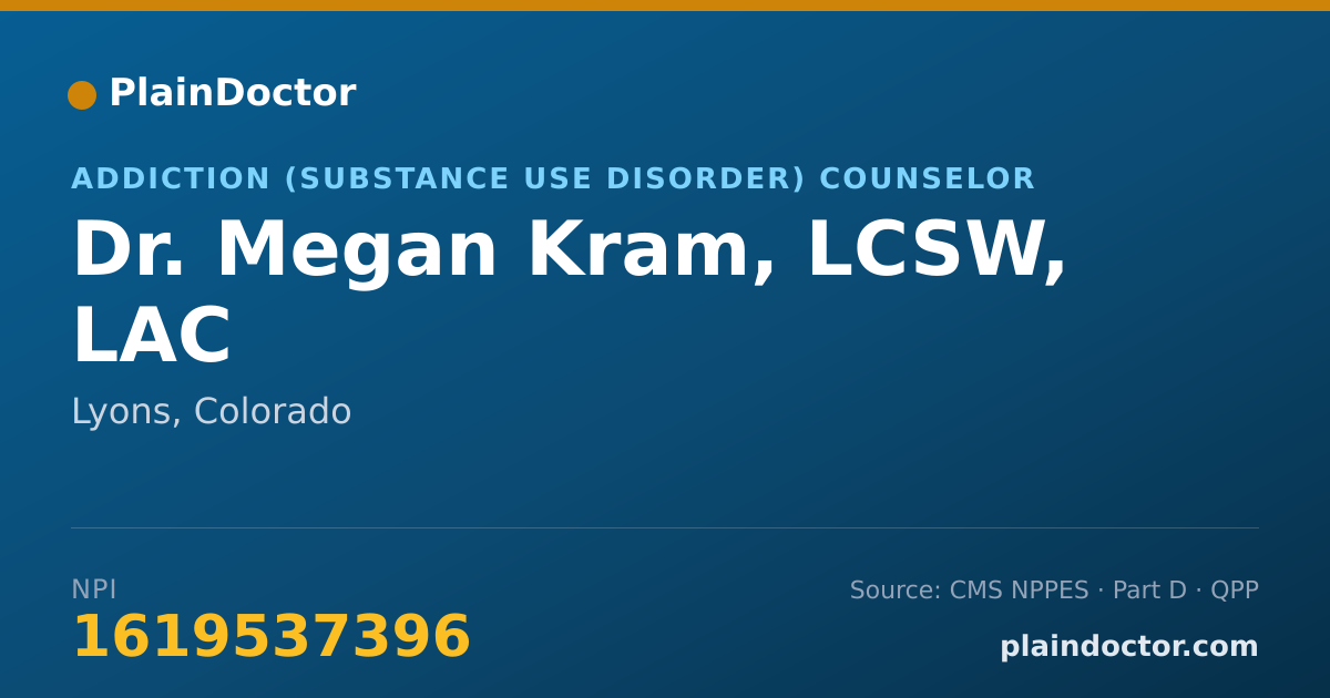Shareable card for Megan Kram, LCSW, LAC - Addiction (Substance Use Disorder) Counselor, Lyons, CO