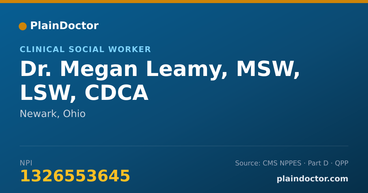 Shareable card for Megan Leamy, MSW, LSW, CDCA - Clinical Social Worker, Newark, OH