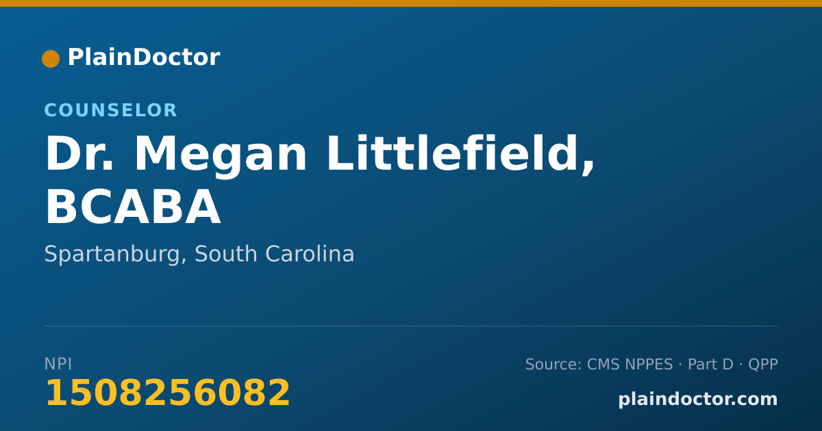 Shareable card for Megan Littlefield, BCABA - Counselor, Spartanburg, SC