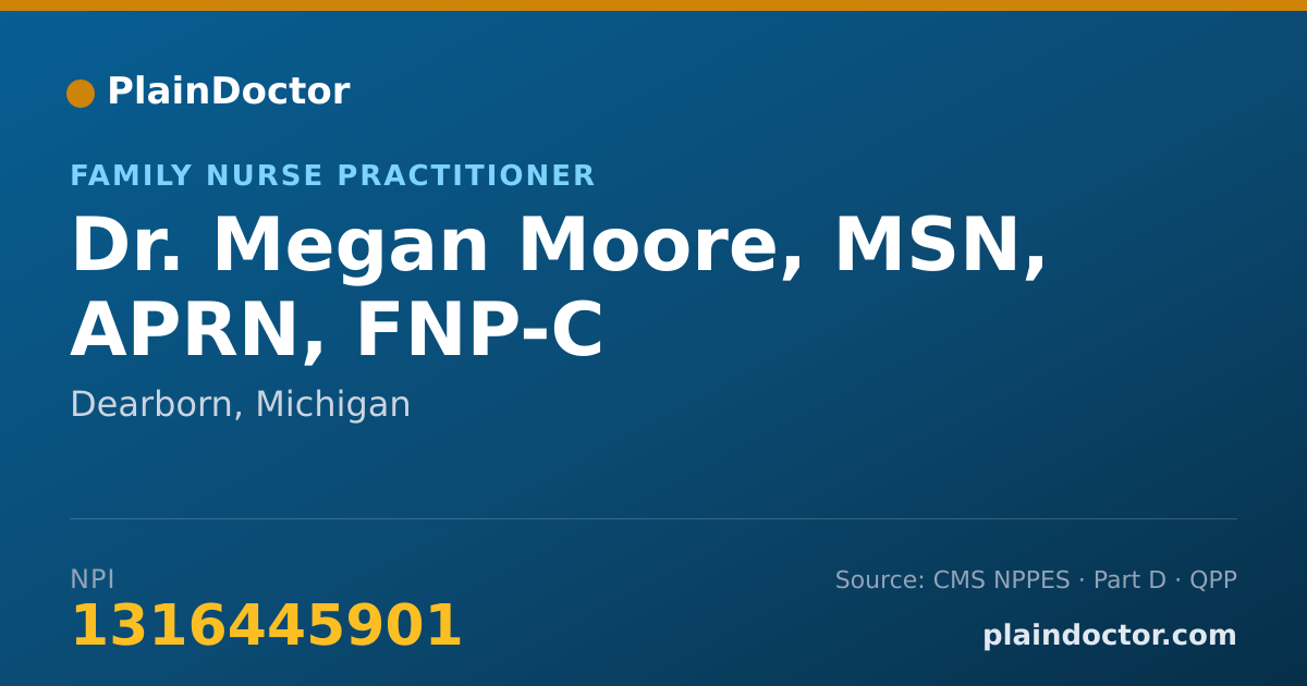 Shareable card for Megan Moore, MSN, APRN, FNP-C - Family Nurse Practitioner, Dearborn, MI