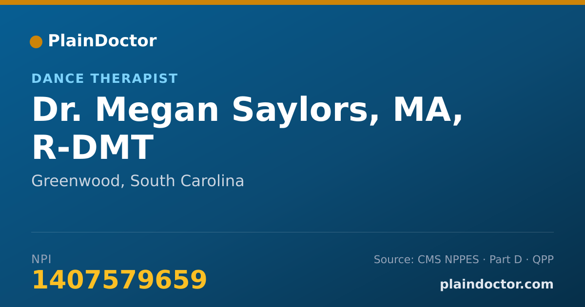 Shareable card for Megan Saylors, MA, R-DMT - Dance Therapist, Greenwood, SC