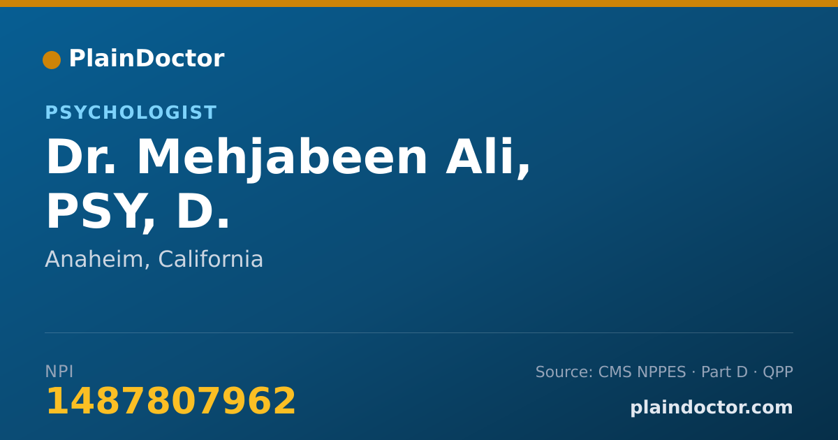 Shareable card for Mehjabeen Ali, PSY, D. - Psychologist, Anaheim, CA