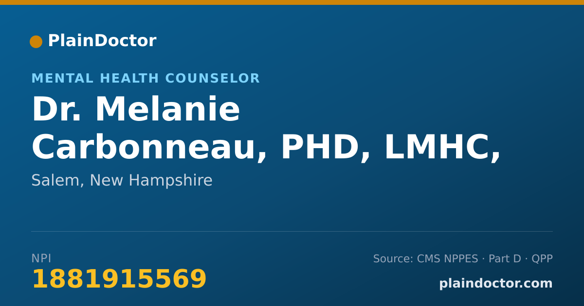 Shareable card for Melanie Carbonneau, PHD, LMHC, MT-BC - Mental Health Counselor, Salem, NH