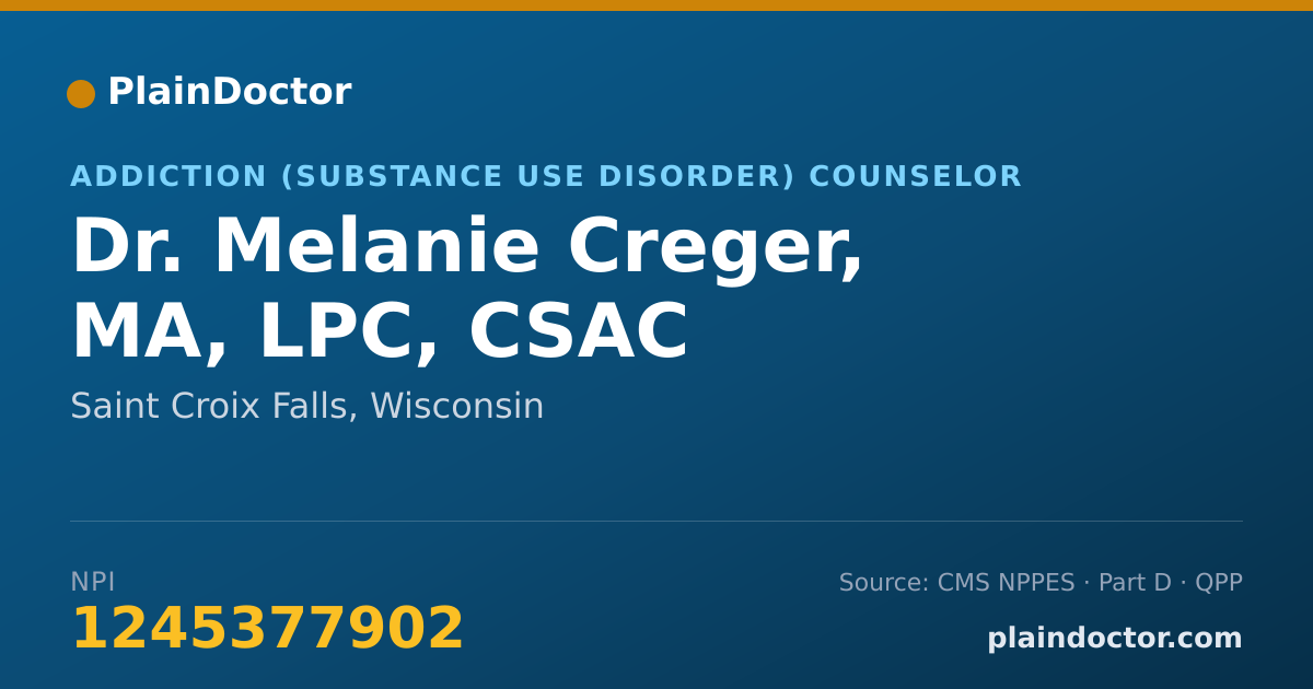 Shareable card for Melanie Creger, MA, LPC, CSAC - Addiction (Substance Use Disorder) Counselor, Saint Croix Falls, WI
