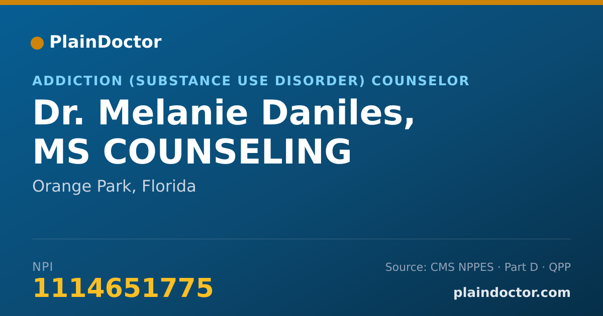 Shareable card for Melanie Daniles, MS COUNSELING - Addiction (Substance Use Disorder) Counselor, Orange Park, FL