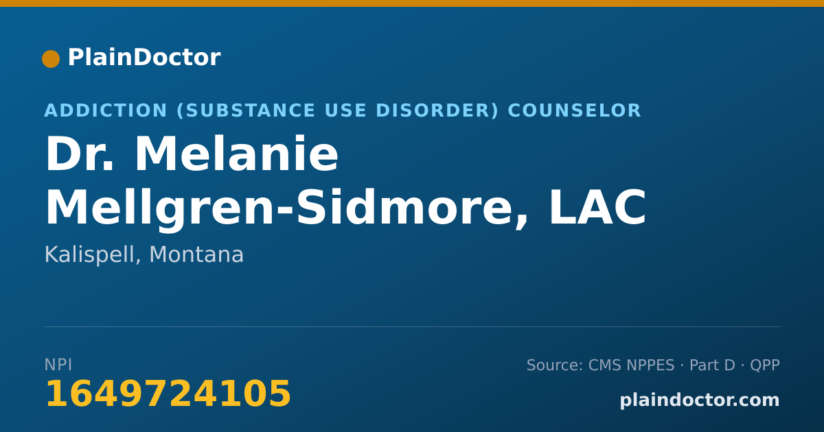 Shareable card for Melanie Mellgren-Sidmore, LAC 4184 - Addiction (Substance Use Disorder) Counselor, Kalispell, MT
