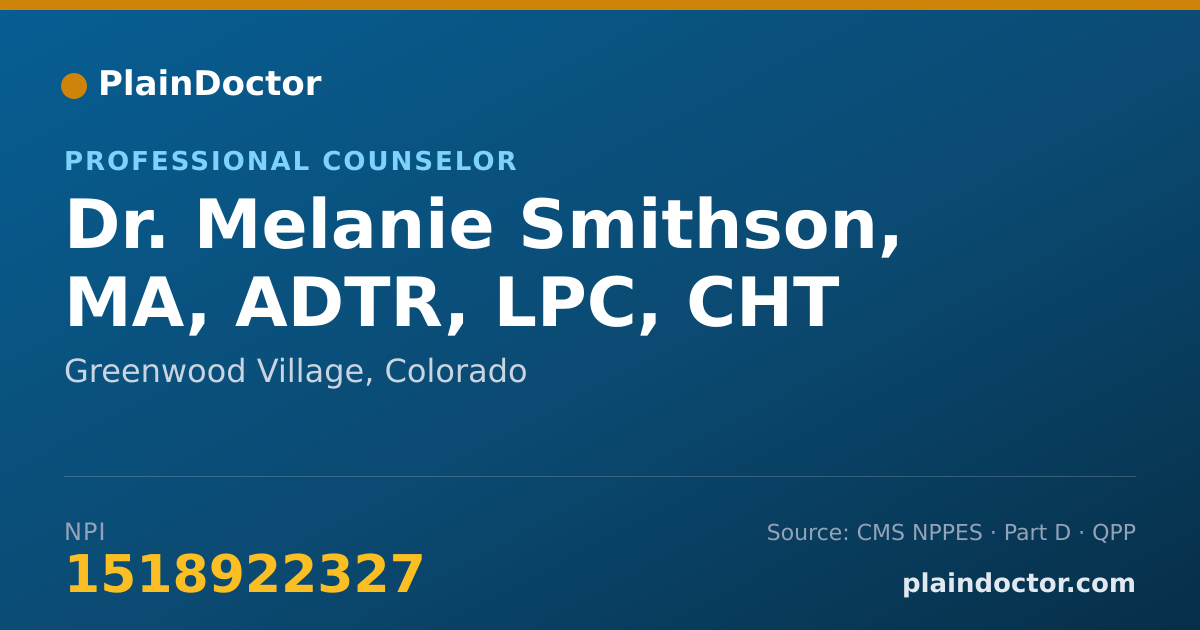 Shareable card for Melanie Smithson, MA, ADTR, LPC, CHT - Professional Counselor, Greenwood Village, CO