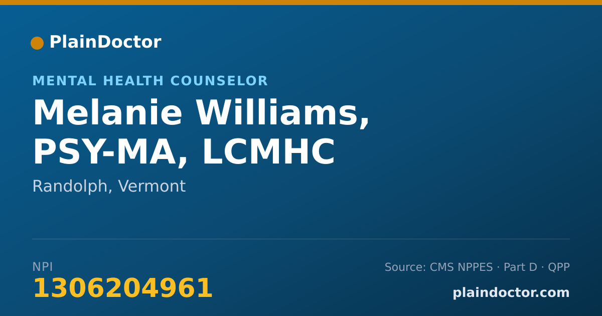 Shareable card for Melanie Williams, PSY-MA, LCMHC - Mental Health Counselor, Randolph, VT