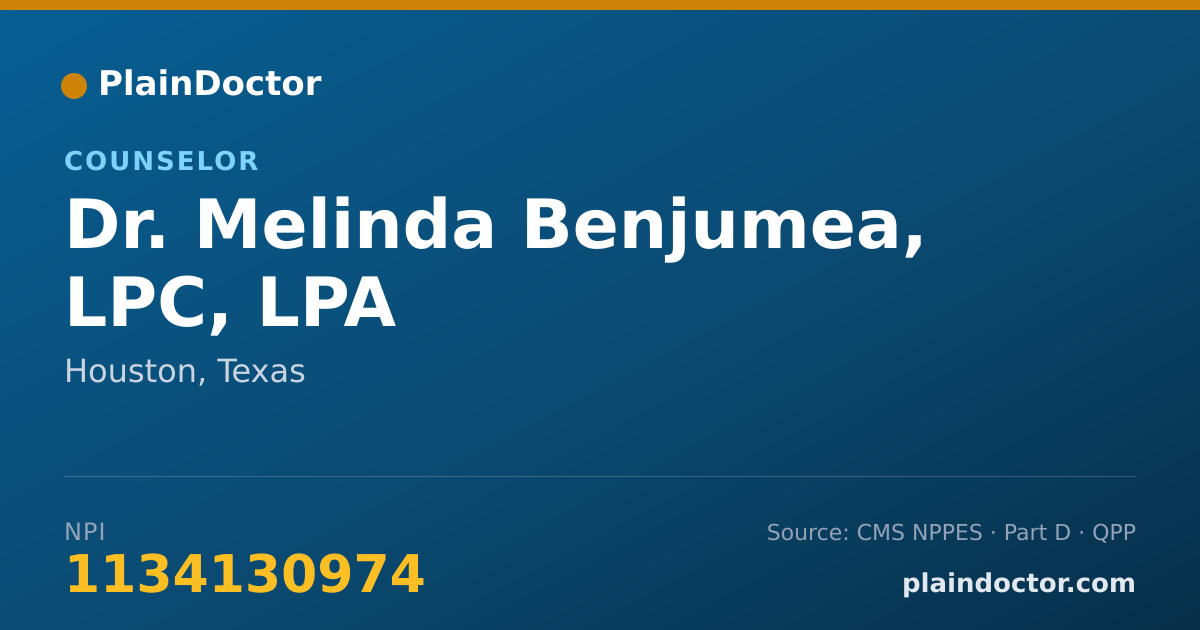 Shareable card for Melinda Benjumea, LPC, LPA - Counselor, Houston, TX
