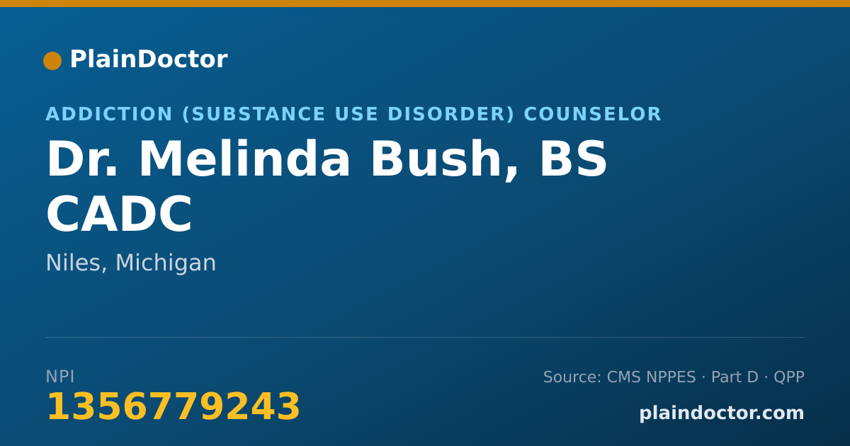 Shareable card for Melinda Bush, BS CADC - Addiction (Substance Use Disorder) Counselor, Niles, MI