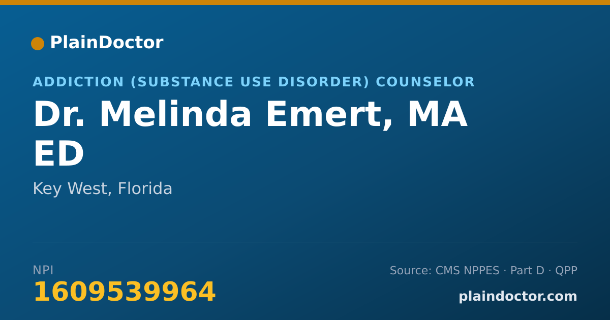 Shareable card for Melinda Emert, MA ED - Addiction (Substance Use Disorder) Counselor, Key West, FL