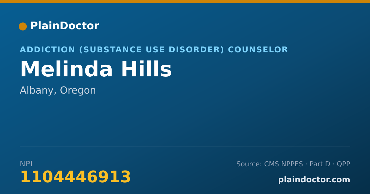 Shareable card for Melinda Hills - Addiction (Substance Use Disorder) Counselor, Albany, OR