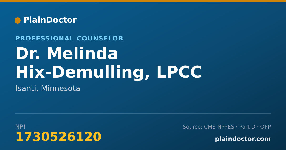 Shareable card for Melinda Hix-Demulling, LPCC - Professional Counselor, Isanti, MN