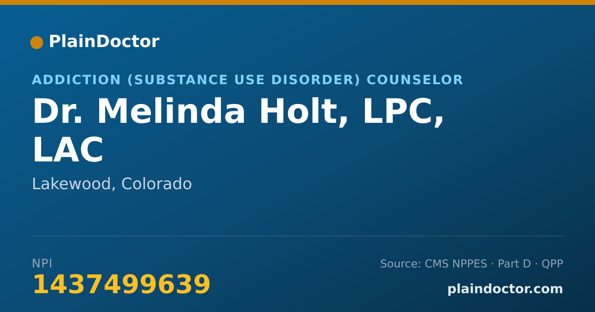 Shareable card for Melinda Holt, LPC, LAC - Addiction (Substance Use Disorder) Counselor, Lakewood, CO