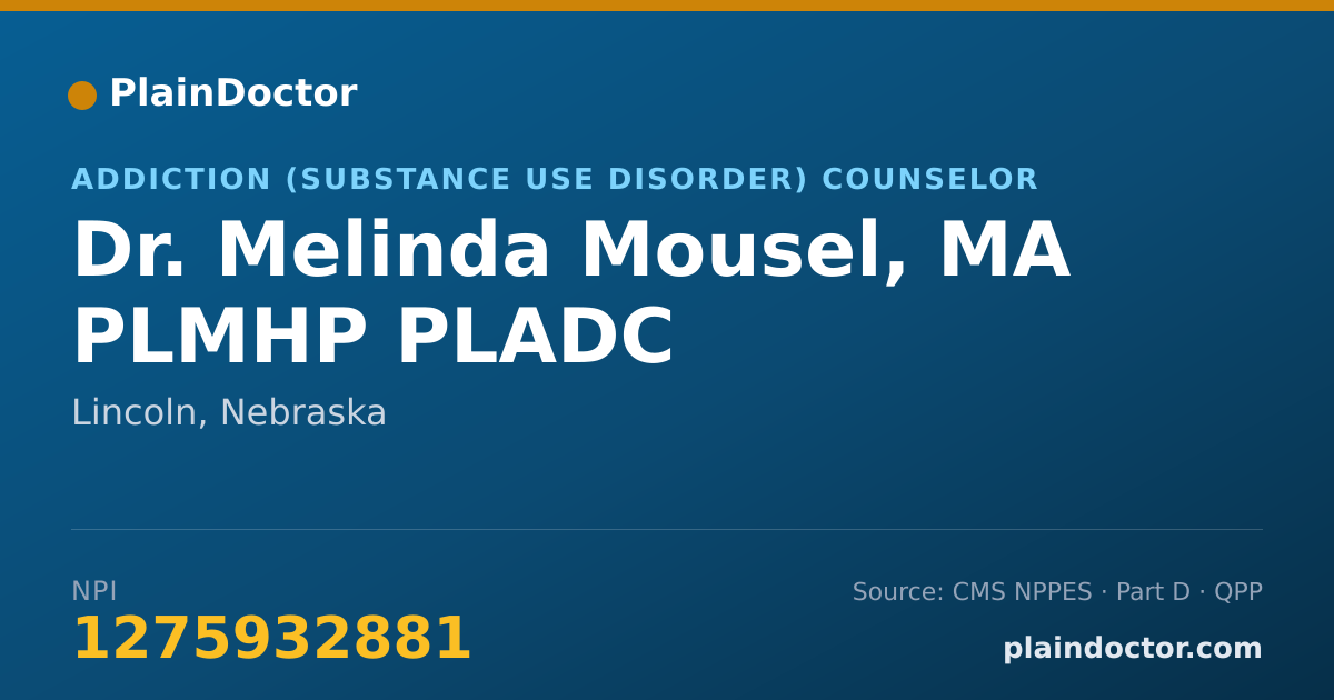 Shareable card for Melinda Mousel, MA PLMHP PLADC - Addiction (Substance Use Disorder) Counselor, Lincoln, NE
