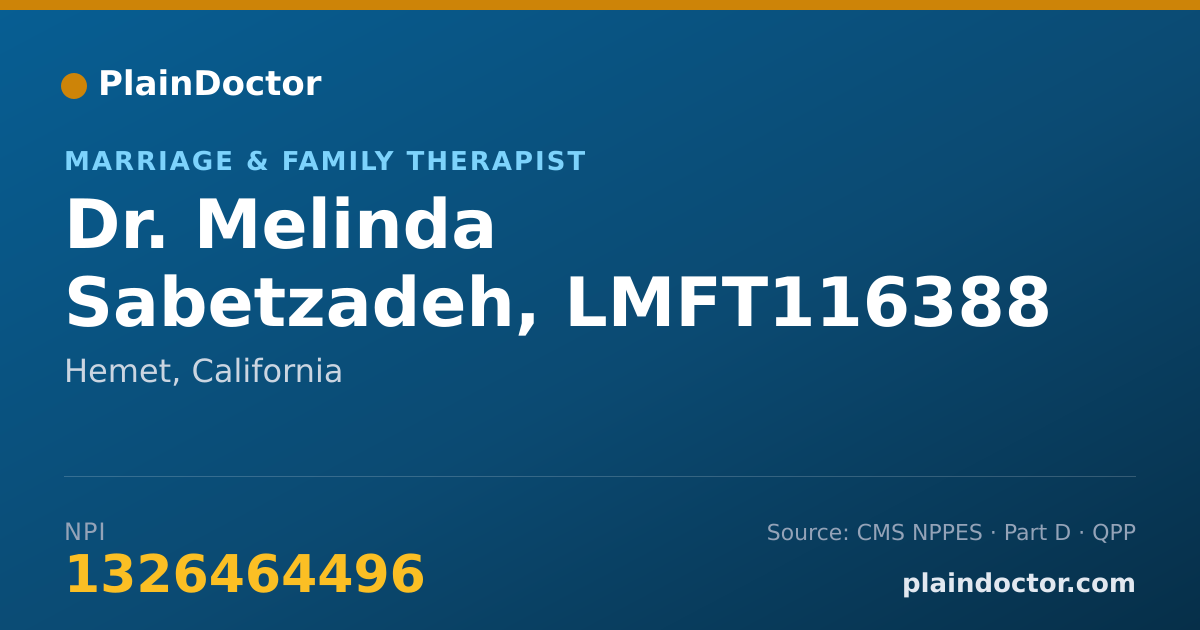 Shareable card for Melinda Sabetzadeh, LMFT116388 - Marriage & Family Therapist, Hemet, CA