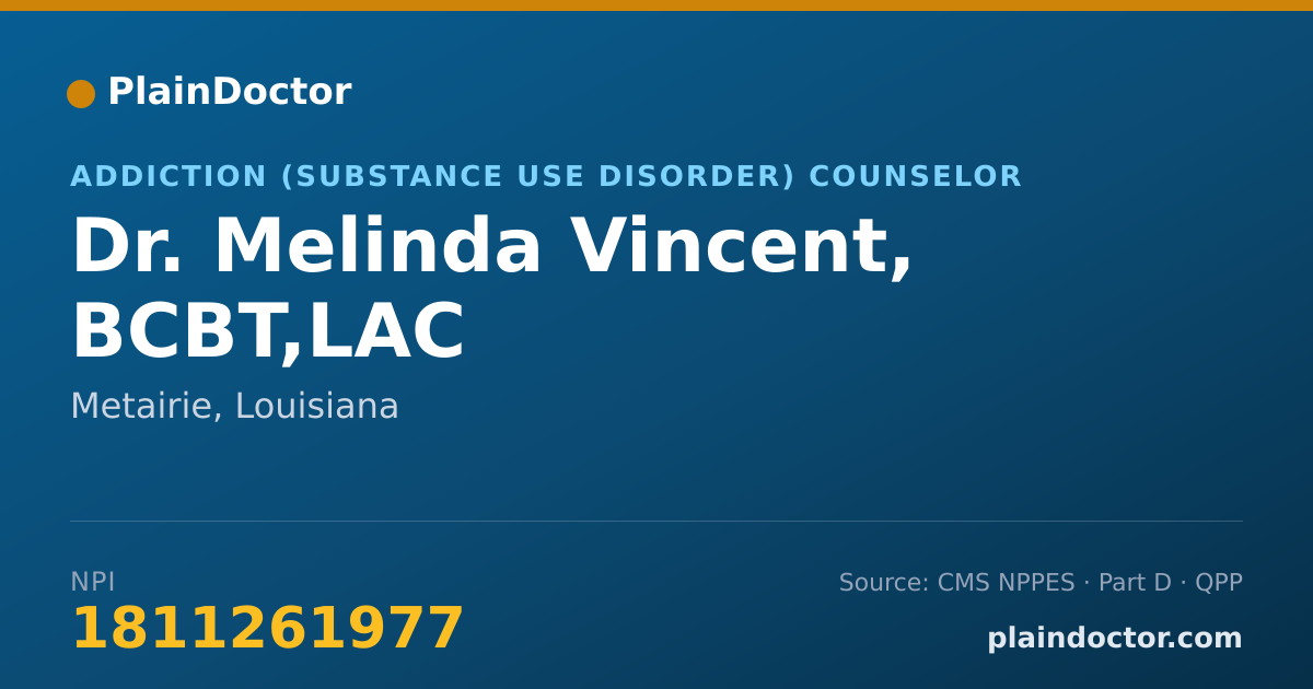 Shareable card for Melinda Vincent, BCBT,LAC - Addiction (Substance Use Disorder) Counselor, Metairie, LA