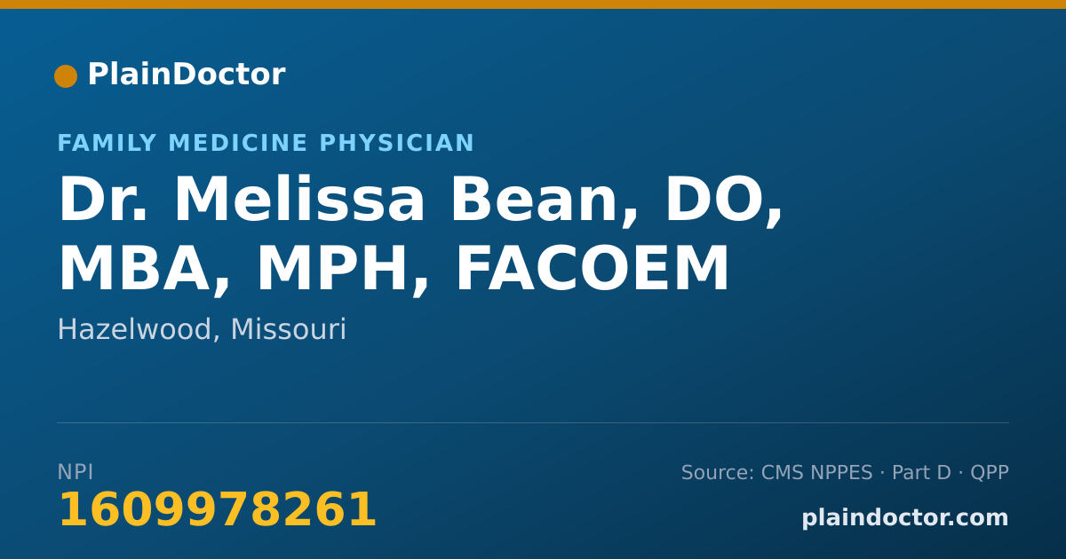 Shareable card for Melissa Bean, DO, MBA, MPH, FACOEM - Family Medicine Physician, Hazelwood, MO