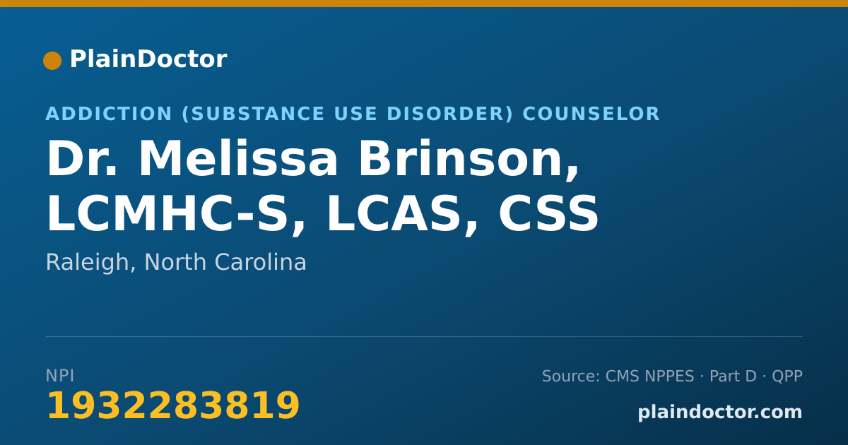 Shareable card for Melissa Brinson, LCMHC-S, LCAS, CSS - Addiction (Substance Use Disorder) Counselor, Raleigh, NC