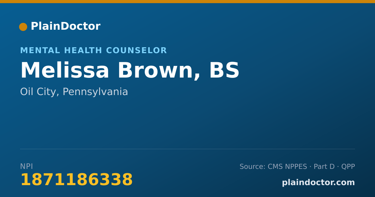 Shareable card for Melissa Brown, BS - Mental Health Counselor, Oil City, PA