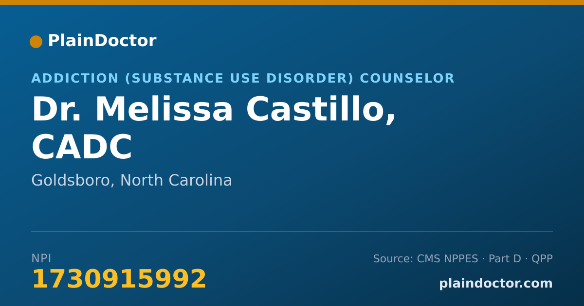 Shareable card for Melissa Castillo, CADC - Addiction (Substance Use Disorder) Counselor, Goldsboro, NC