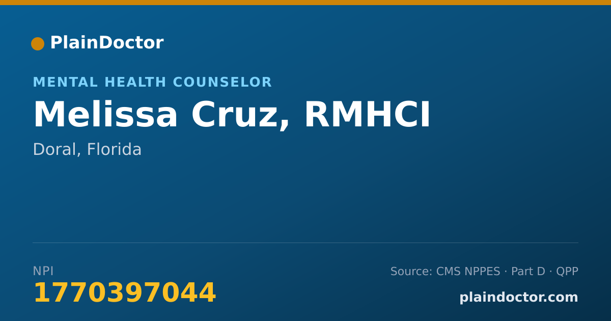 Shareable card for Melissa Cruz, RMHCI - Mental Health Counselor, Doral, FL
