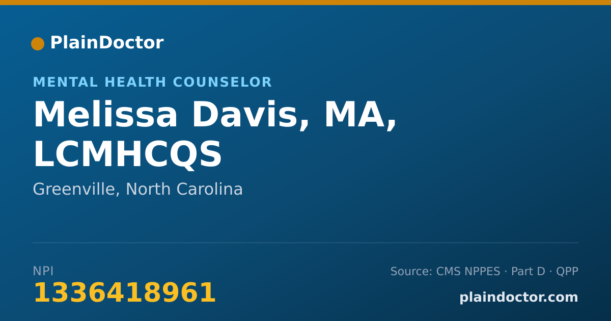 Shareable card for Melissa Davis, MA, LCMHCQS - Mental Health Counselor, Greenville, NC