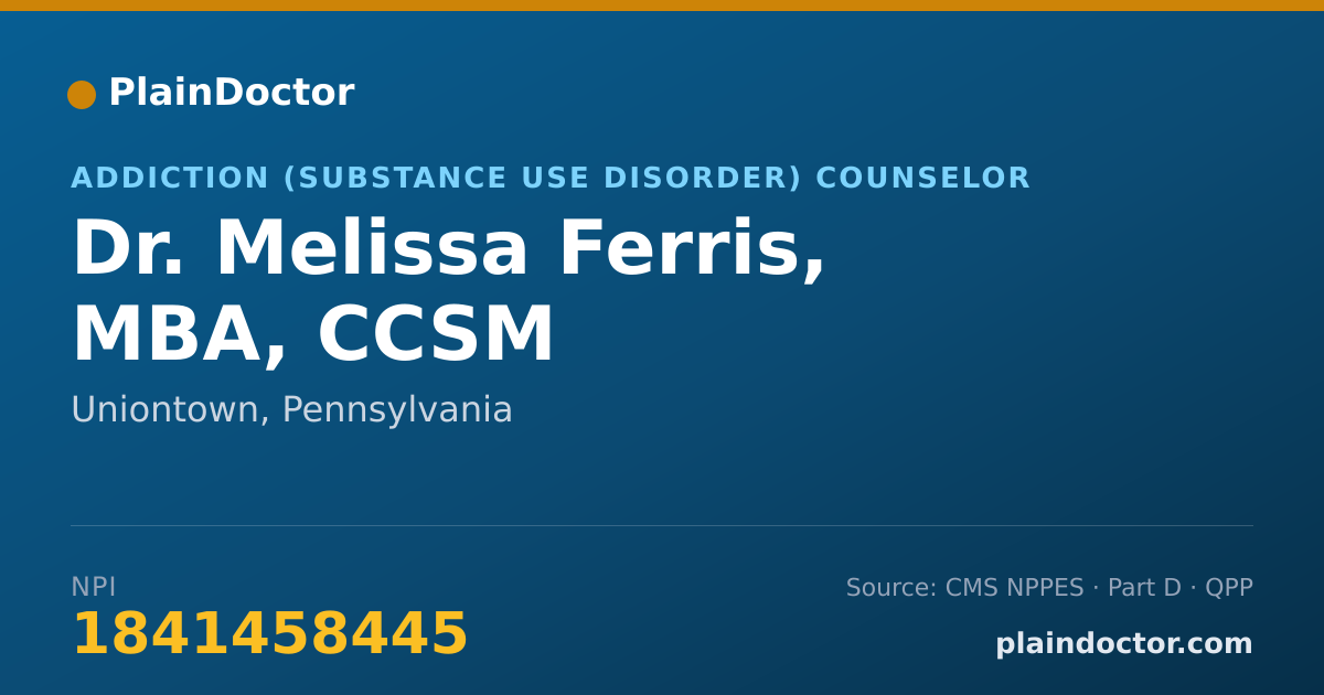 Shareable card for Melissa Ferris, MBA, CCSM - Addiction (Substance Use Disorder) Counselor, Uniontown, PA