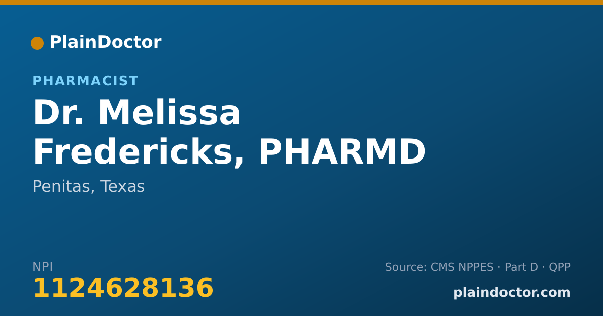 Shareable card for Melissa Fredericks, PHARMD - Pharmacist, Penitas, TX