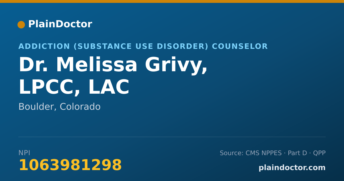 Shareable card for Melissa Grivy, LPCC, LAC - Addiction (Substance Use Disorder) Counselor, Boulder, CO