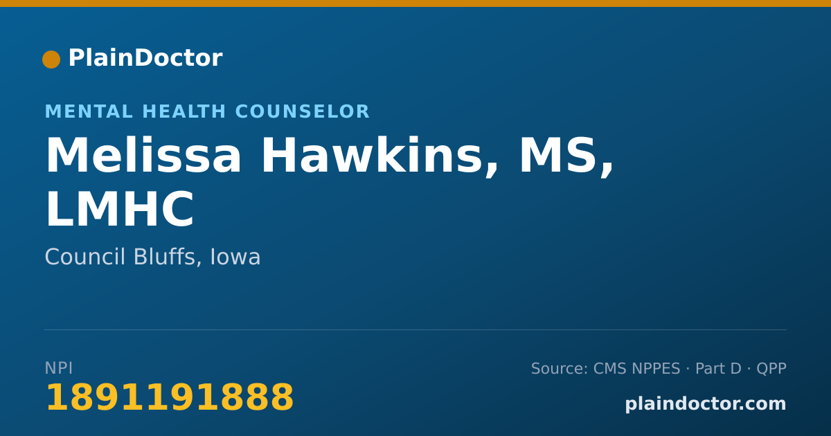 Shareable card for Melissa Hawkins, MS, LMHC - Mental Health Counselor, Council Bluffs, IA