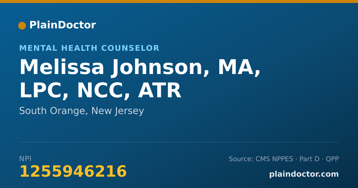 Shareable card for Melissa Johnson, MA, LPC, NCC, ATR - Mental Health Counselor, South Orange, NJ