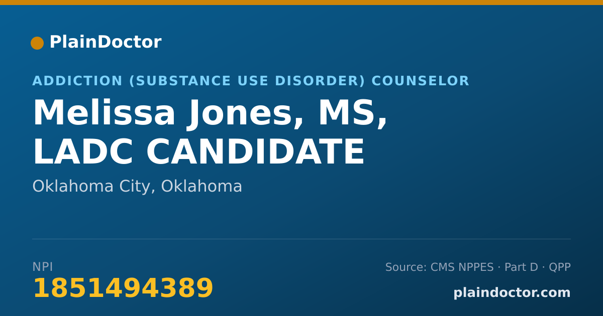 Shareable card for Melissa Jones, MS, LADC CANDIDATE - Addiction (Substance Use Disorder) Counselor, Oklahoma City, OK