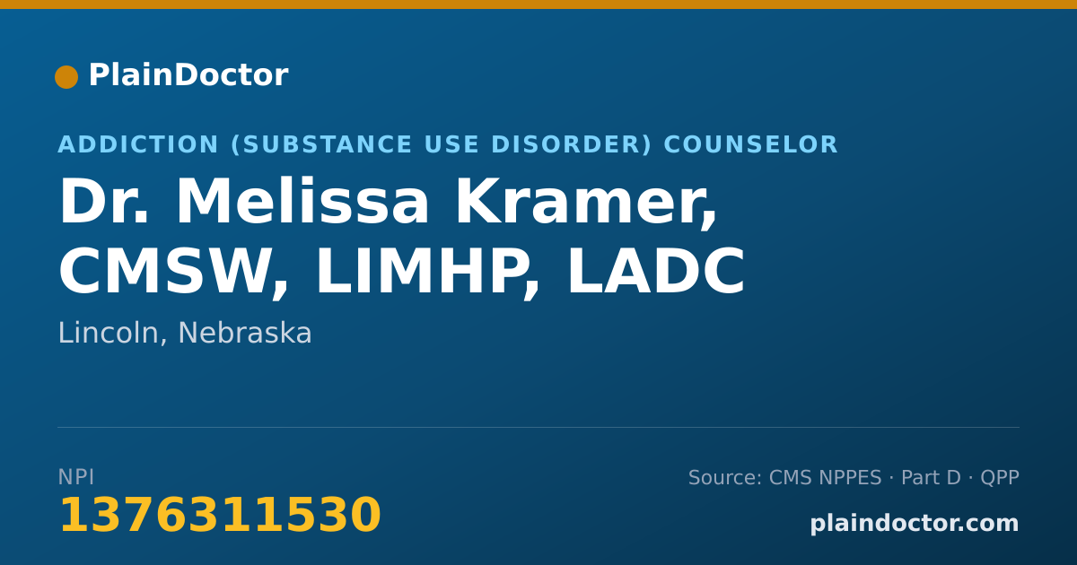 Shareable card for Melissa Kramer, CMSW, LIMHP, LADC - Addiction (Substance Use Disorder) Counselor, Lincoln, NE