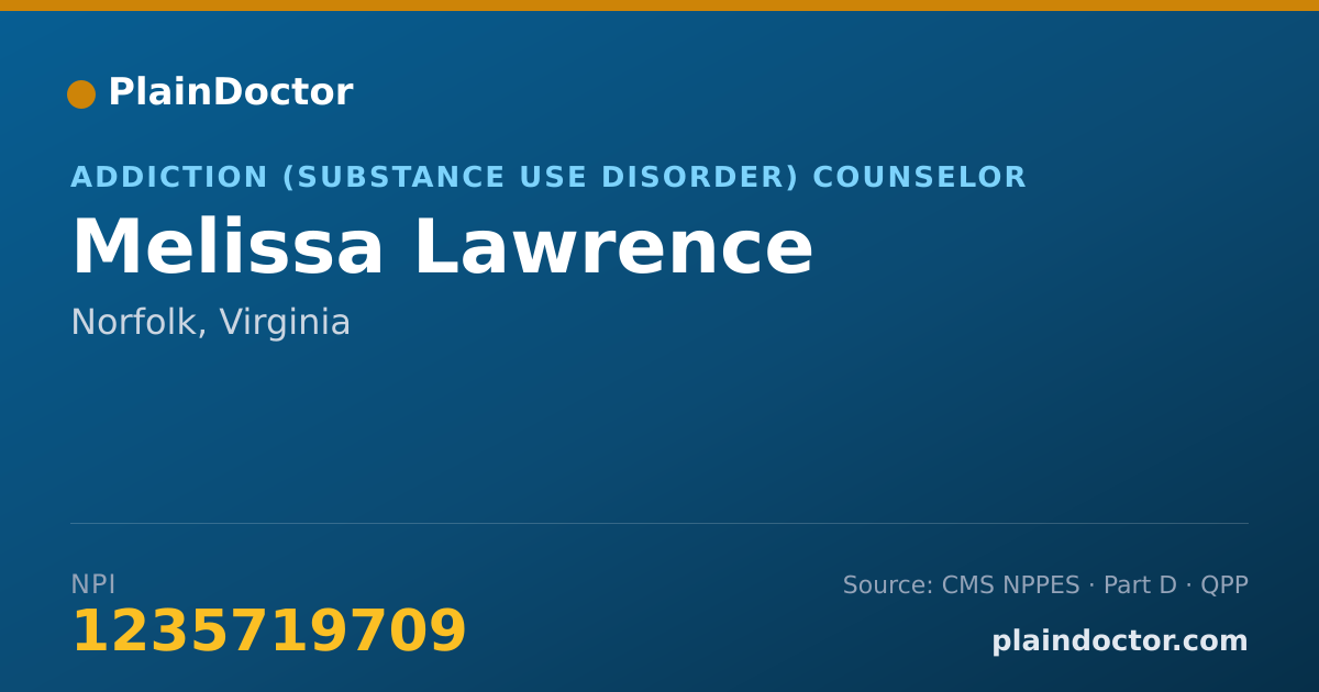 Shareable card for Melissa Lawrence - Addiction (Substance Use Disorder) Counselor, Norfolk, VA