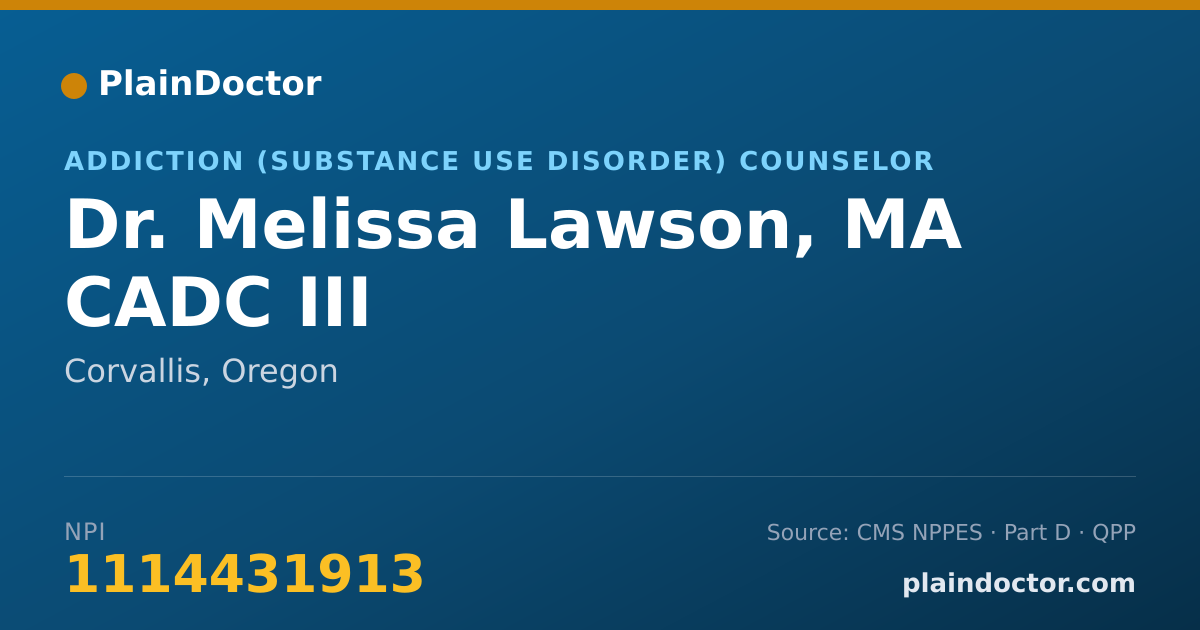 Shareable card for Melissa Lawson, MA CADC III - Addiction (Substance Use Disorder) Counselor, Corvallis, OR
