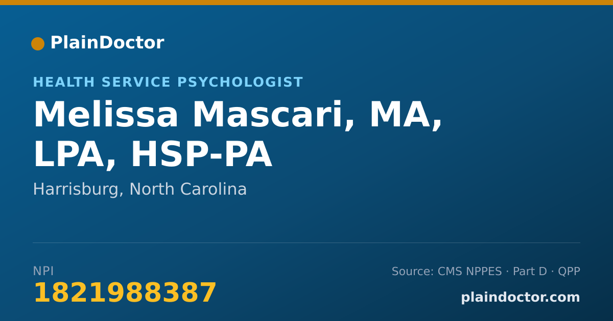Shareable card for Melissa Mascari, MA, LPA, HSP-PA - Clinical Child & Adolescent Psychologist, Harrisburg, NC