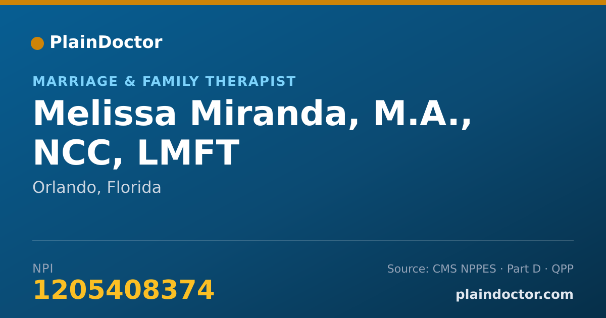 Shareable card for Melissa Miranda, M.A., NCC, LMFT - Marriage & Family Therapist, Orlando, FL