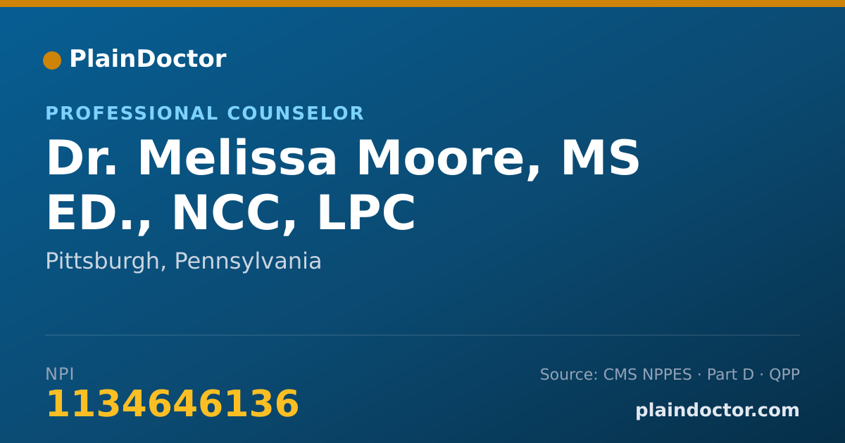 Shareable card for Melissa Moore, MS ED., NCC, LPC - Professional Counselor, Pittsburgh, PA