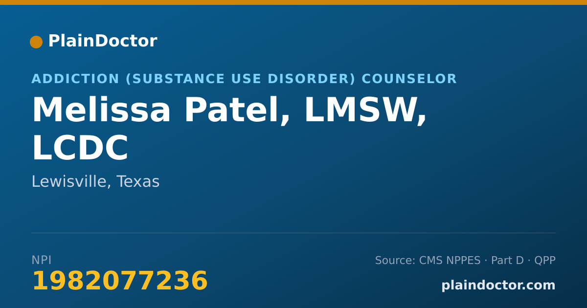 Shareable card for Melissa Patel, LMSW, LCDC - Addiction (Substance Use Disorder) Counselor, Lewisville, TX