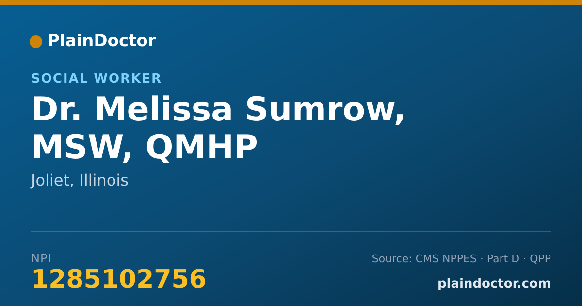 Shareable card for Melissa Sumrow, MSW, QMHP - Social Worker, Joliet, IL