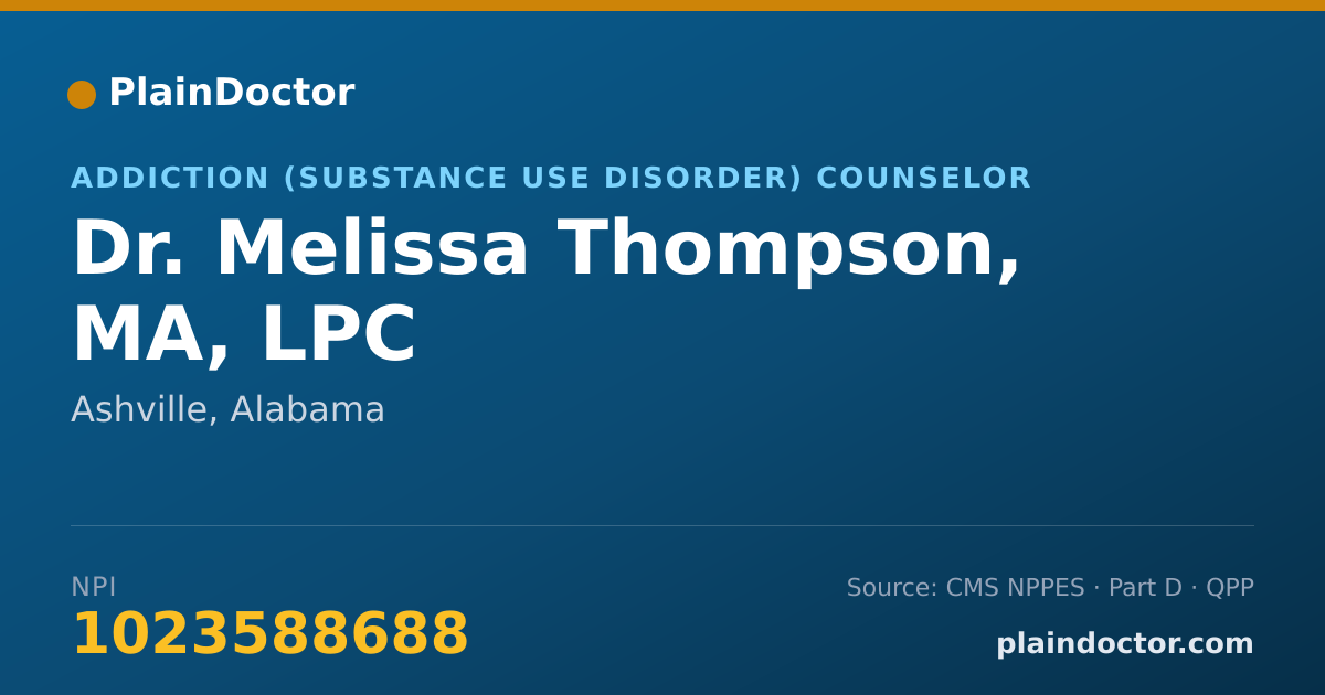 Shareable card for Melissa Thompson, MA, LPC - Addiction (Substance Use Disorder) Counselor, Ashville, AL
