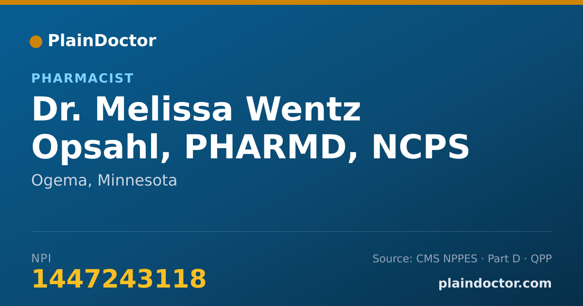 Shareable card for Melissa Wentz Opsahl, PHARMD, NCPS - Pharmacist, Ogema, MN