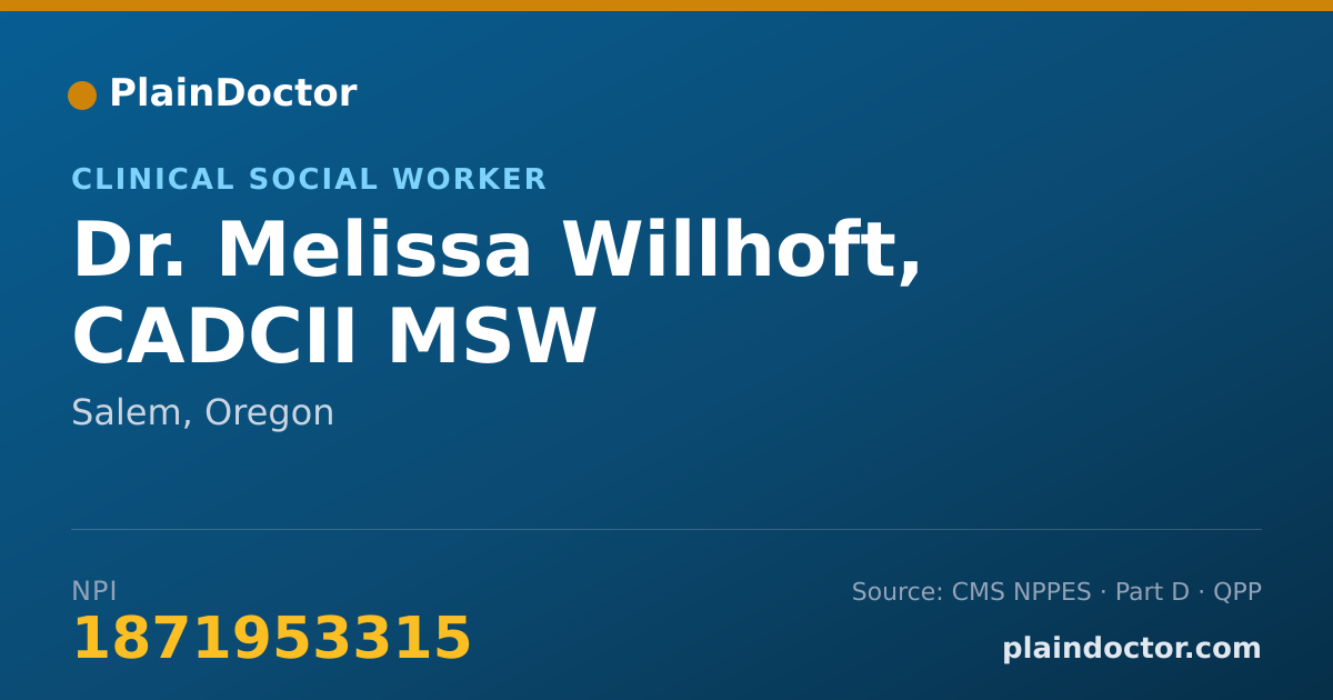 Shareable card for Melissa Willhoft, CADCII MSW - Clinical Social Worker, Salem, OR