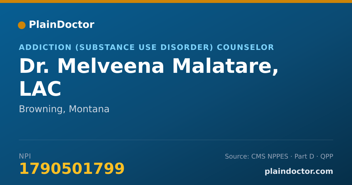Shareable card for Melveena Malatare, LAC - Addiction (Substance Use Disorder) Counselor, Browning, MT