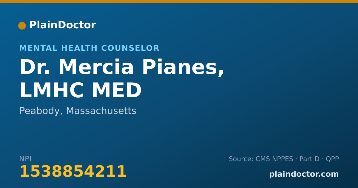 Shareable card for Mercia Pianes, LMHC MED - Mental Health Counselor, Peabody, MA