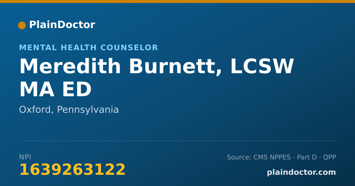 Shareable card for Meredith Burnett, LCSW MA ED - Mental Health Counselor, Oxford, PA